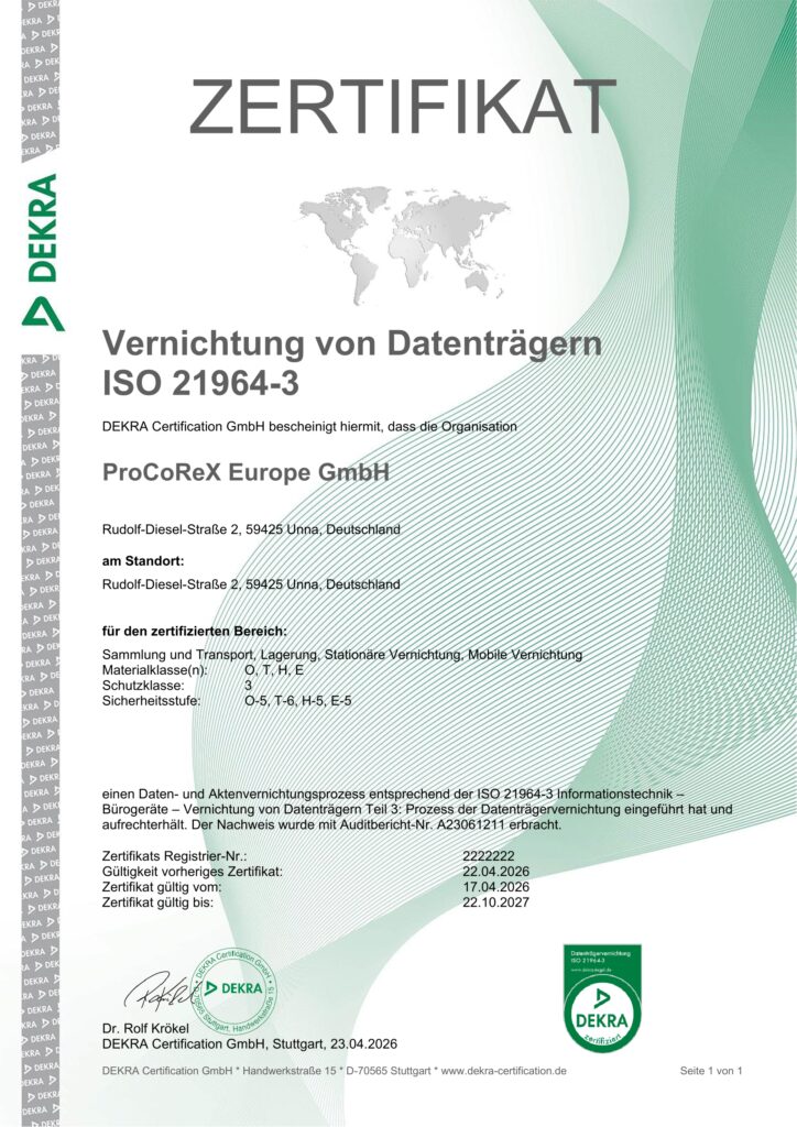 DEKRA Zertifikat ISO 21964-3 – ProCoReX Europe GmbH – Schutzklasse 3